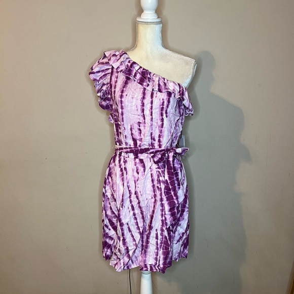 💃🏻LINI Linen Blend Pink Tie-Dye One-Shoulder Dress - Picture 2 of 6